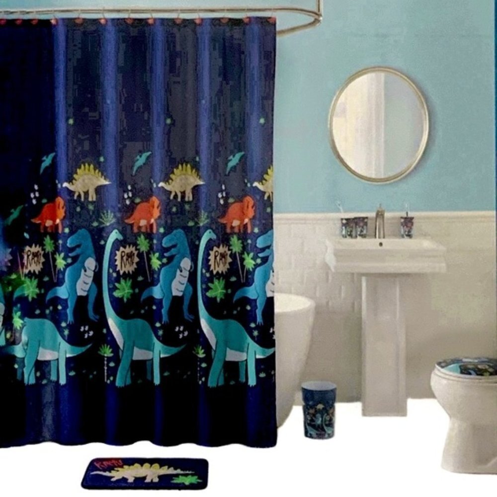 Matt & Maddie Dinosaur Fabric Shower Curtain 70 X 72 In Dark Blue Multicolor